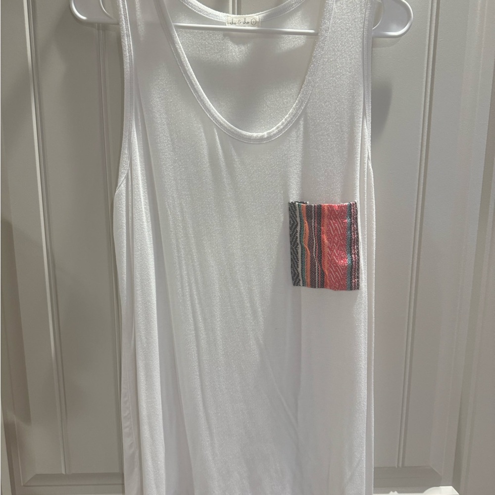 White Tank Top with Patterned Pocket